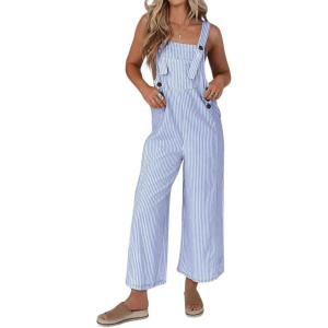imagechouyatou Womens Casual Contrast Color Striped Overall Wide Leg Sleeveless Cropped Pant JumpsuitsBlue