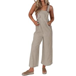 imagechouyatou Womens Casual Contrast Color Striped Overall Wide Leg Sleeveless Cropped Pant JumpsuitsCoffee
