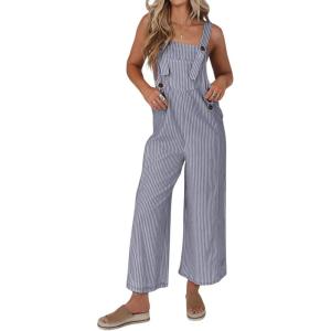 imagechouyatou Womens Casual Contrast Color Striped Overall Wide Leg Sleeveless Cropped Pant JumpsuitsGrey