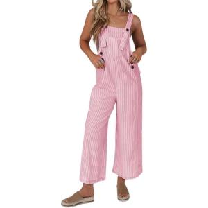 imagechouyatou Womens Casual Contrast Color Striped Overall Wide Leg Sleeveless Cropped Pant JumpsuitsPink
