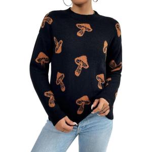 imagechouyatou Womens Cute Graphic Pattern Crew Neck Jacquard Knit Ugly Sweater Pullover TopsBlack Mushroom