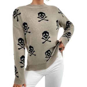 imagechouyatou Womens Cute Graphic Pattern Crew Neck Jacquard Knit Ugly Sweater Pullover TopsBrown Skull