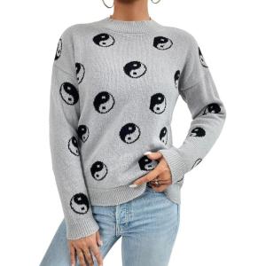 imagechouyatou Womens Cute Graphic Pattern Crew Neck Jacquard Knit Ugly Sweater Pullover TopsGray