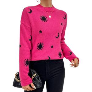 imagechouyatou Womens Cute Graphic Pattern Crew Neck Jacquard Knit Ugly Sweater Pullover TopsRose Red