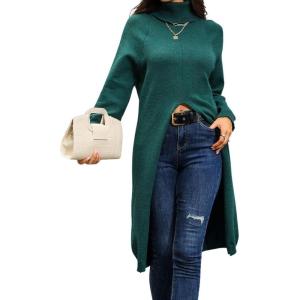 imagechouyatou Womens Elegant Long Turtleneck Sweaters Sexy Front Slit Long Sleeve Knit Tunic Sweater TopsBlackish Green