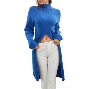 imagechouyatou Womens Elegant Long Turtleneck Sweaters Sexy Front Slit Long Sleeve Knit Tunic Sweater TopsBlue