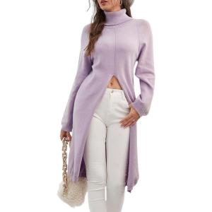 imagechouyatou Womens Elegant Long Turtleneck Sweaters Sexy Front Slit Long Sleeve Knit Tunic Sweater TopsLight Purple