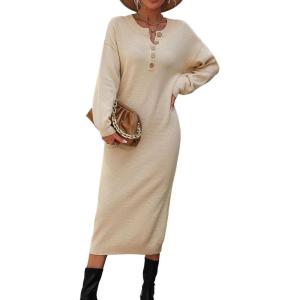 imagechouyatou Womens Fall Henley Neck Midi Sweater Dress Below Knee Casual Long Waffle Knit DressApricot