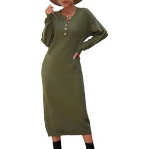 imagechouyatou Womens Fall Henley Neck Midi Sweater Dress Below Knee Casual Long Waffle Knit DressArmy Green