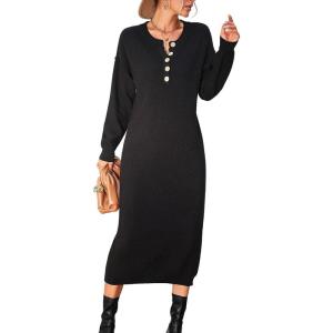 imagechouyatou Womens Fall Henley Neck Midi Sweater Dress Below Knee Casual Long Waffle Knit DressBlack