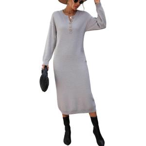 imagechouyatou Womens Fall Henley Neck Midi Sweater Dress Below Knee Casual Long Waffle Knit DressLight Grey