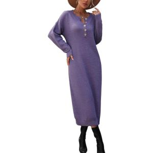 imagechouyatou Womens Fall Henley Neck Midi Sweater Dress Below Knee Casual Long Waffle Knit DressPurple