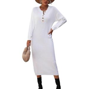 imagechouyatou Womens Fall Henley Neck Midi Sweater Dress Below Knee Casual Long Waffle Knit DressWhite