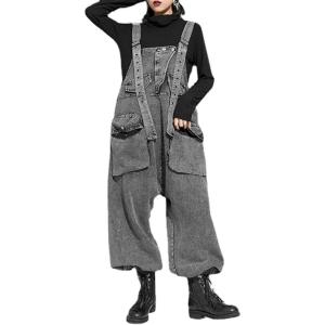 imagechouyatou Womens Loose Adjustable Strap Denim Overall Cargo Pockets Jeans Wide Leg Baggy JumpsuitGrey