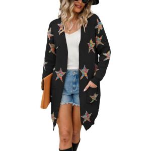 imagechouyatou Womens Star Print Long Sleeve Open Front Long Cardigan Sweaters with PocketsBlack