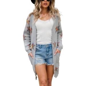 imagechouyatou Womens Star Print Long Sleeve Open Front Long Cardigan Sweaters with PocketsGray