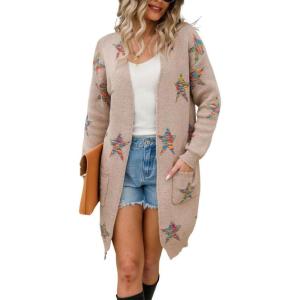 imagechouyatou Womens Star Print Long Sleeve Open Front Long Cardigan Sweaters with PocketsKhaki