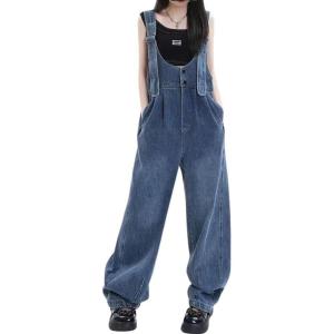 imagechouyatou Womens Summer Adjustable Strap Denim Overall Scoop Neck Straight Leg Jeans JumpsuitBlue