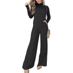imagechouyatou Womens Vintage Spaghetti Strap Denim Bib Overalls Wide Leg Jeans Pants JumpsuitBlack