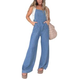 imagechouyatou Womens Vintage Spaghetti Strap Denim Bib Overalls Wide Leg Jeans Pants JumpsuitDenim Blue