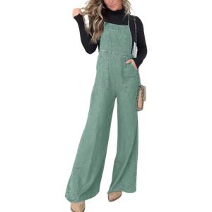 imagechouyatou Womens Vintage Spaghetti Strap Denim Bib Overalls Wide Leg Jeans Pants JumpsuitGreen