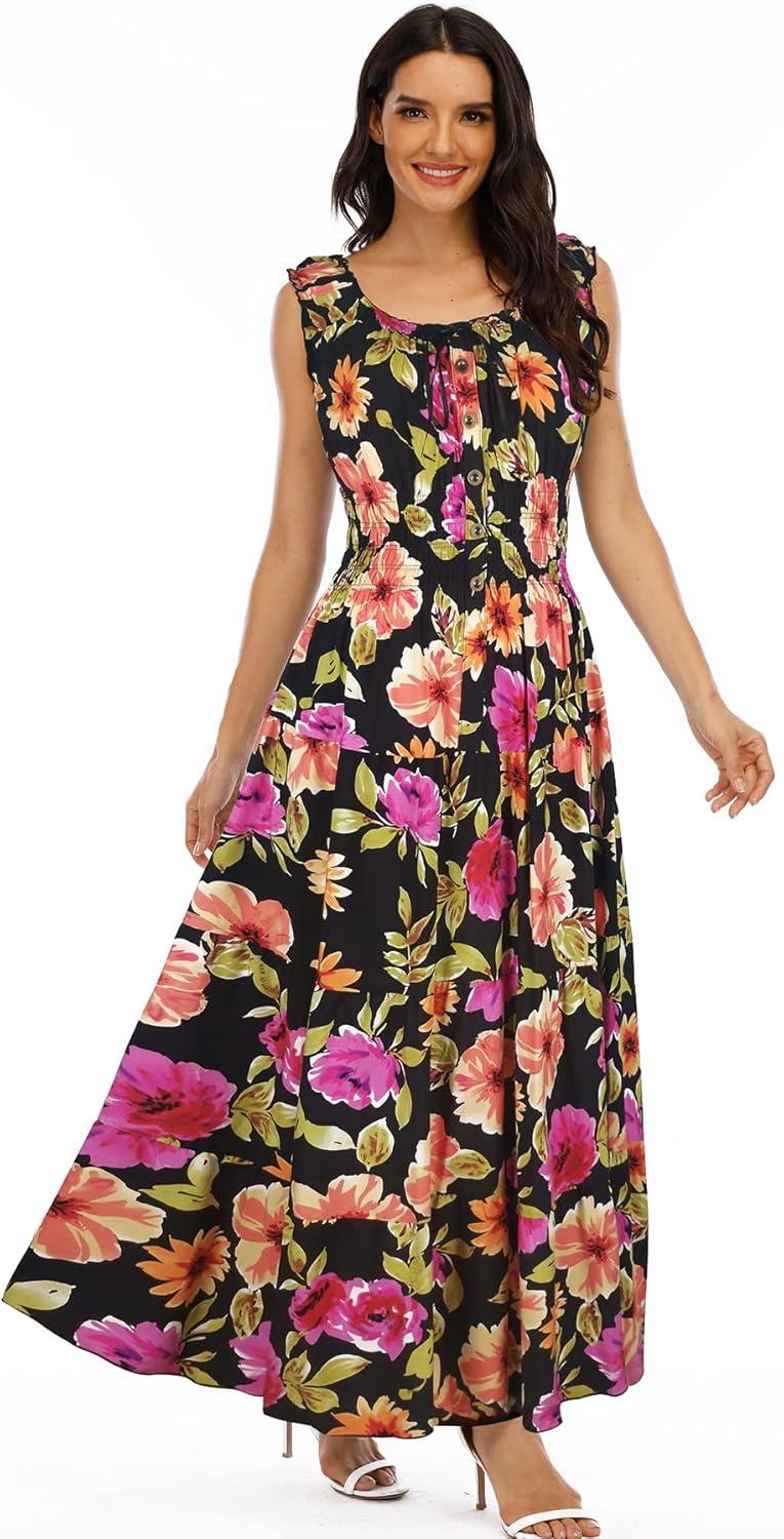 imageOSTOO Womens 2025 Summer Boho Floral Print Tiered Casual Flowy Long Maxi DressBlack Flowers