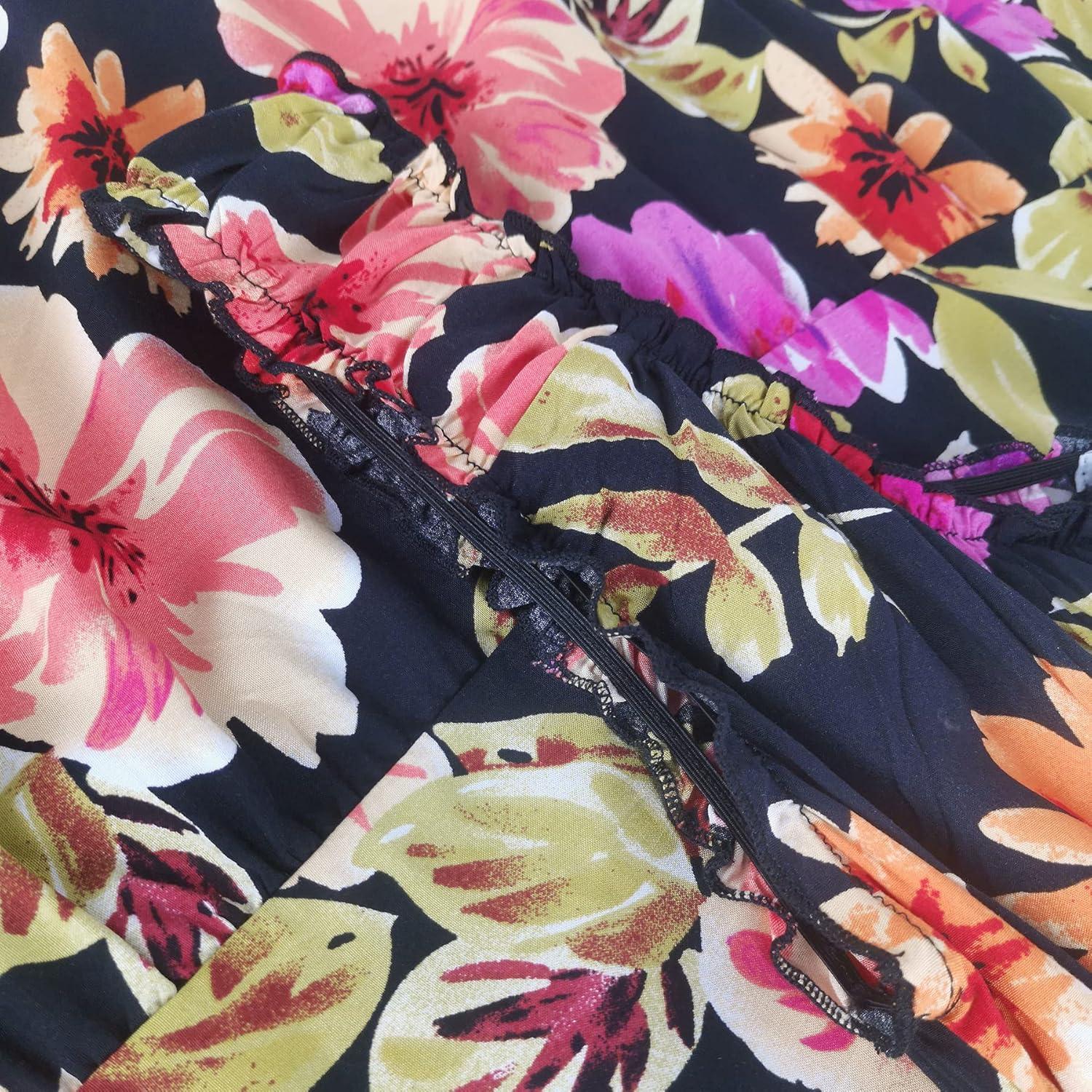 imageOSTOO Womens 2025 Summer Boho Floral Print Tiered Casual Flowy Long Maxi DressBlack Flowers