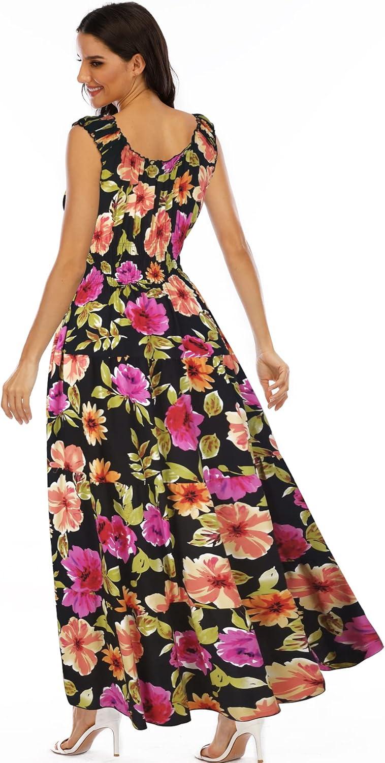 imageOSTOO Womens 2025 Summer Boho Floral Print Tiered Casual Flowy Long Maxi DressBlack Flowers