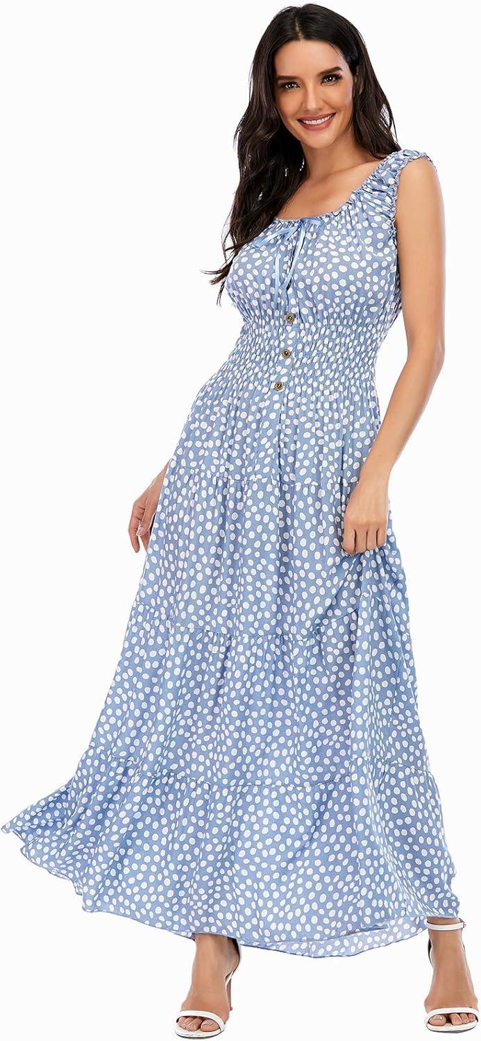 imageOSTOO Womens 2025 Summer Boho Floral Print Tiered Casual Flowy Long Maxi DressBlue