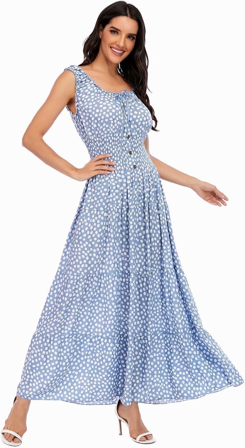 imageOSTOO Womens 2025 Summer Boho Floral Print Tiered Casual Flowy Long Maxi DressBlue