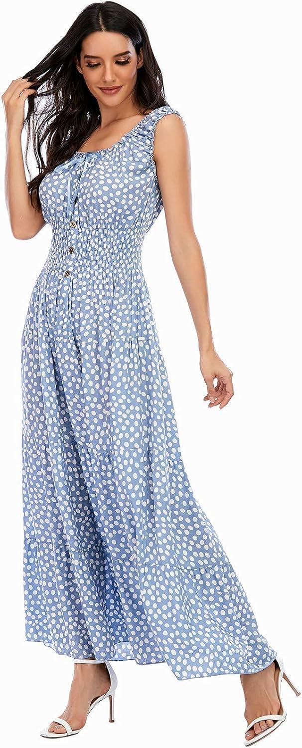 imageOSTOO Womens 2025 Summer Boho Floral Print Tiered Casual Flowy Long Maxi DressBlue