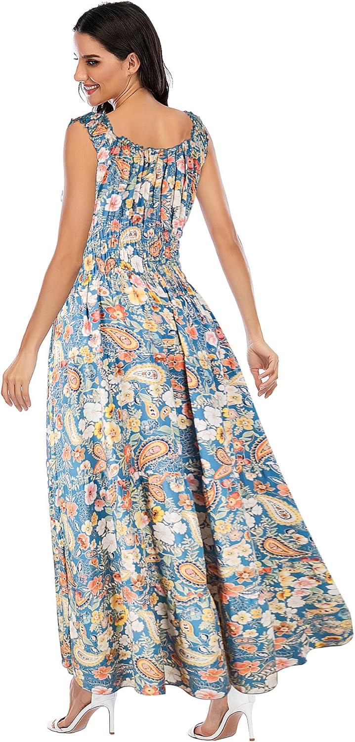 imageOSTOO Womens 2025 Summer Boho Floral Print Tiered Casual Flowy Long Maxi DressBlue Cashew Floral