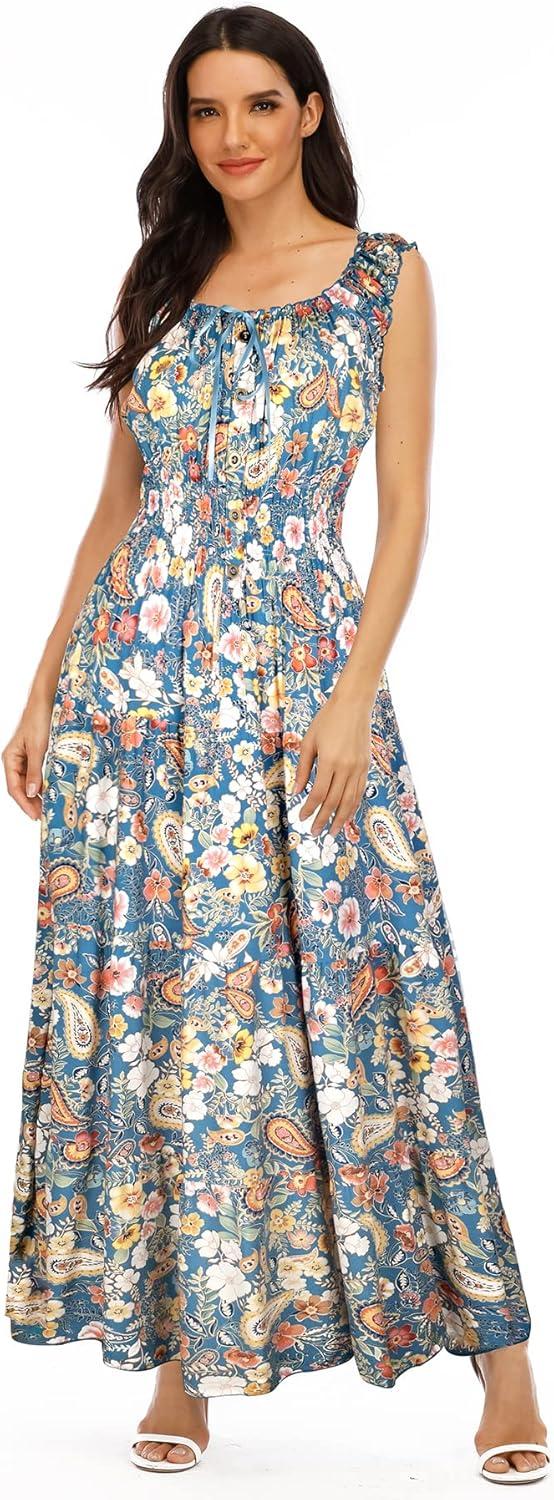 imageOSTOO Womens 2025 Summer Boho Floral Print Tiered Casual Flowy Long Maxi DressBlue Cashew Floral