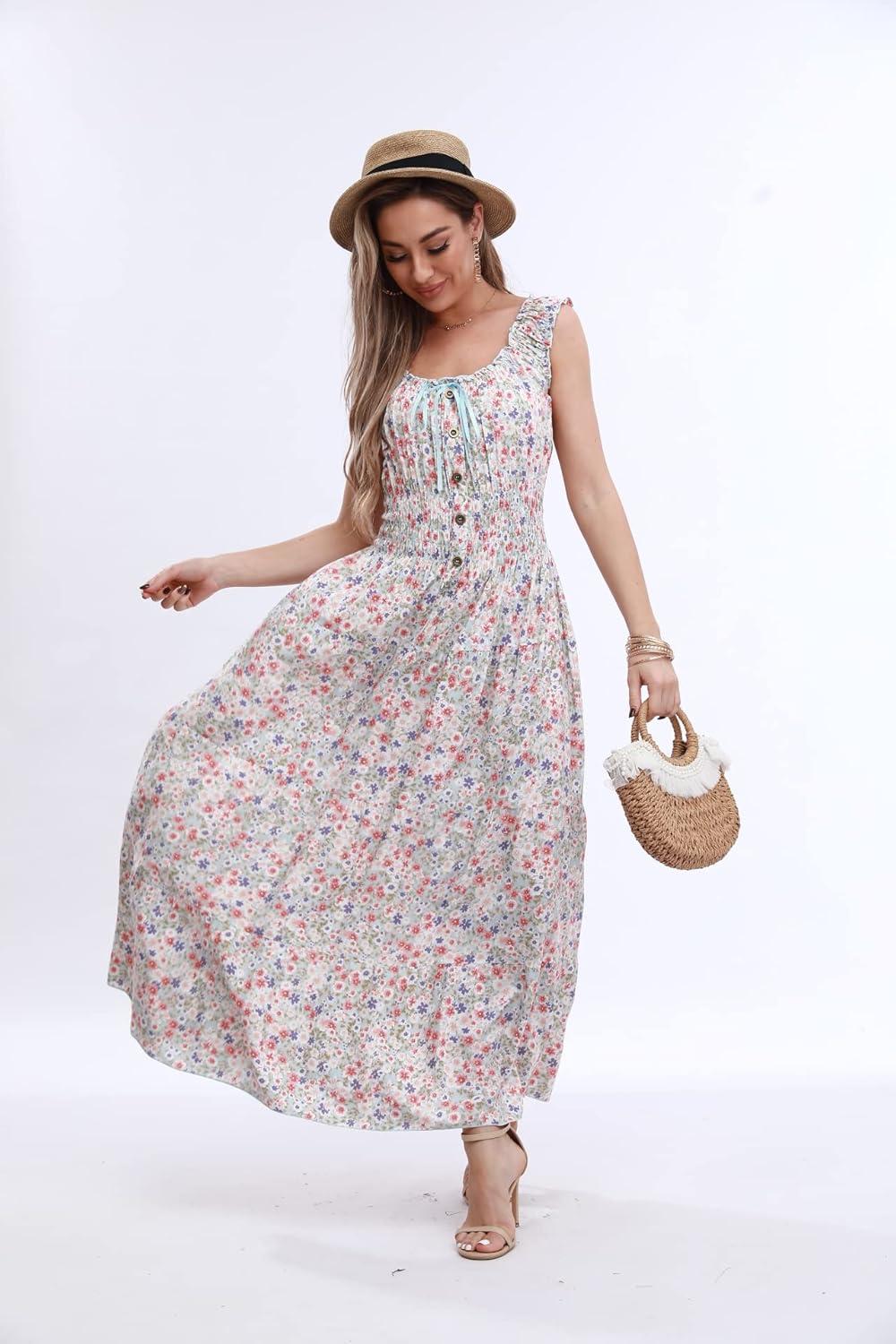 imageOSTOO Womens 2025 Summer Boho Floral Print Tiered Casual Flowy Long Maxi DressBlue Flower
