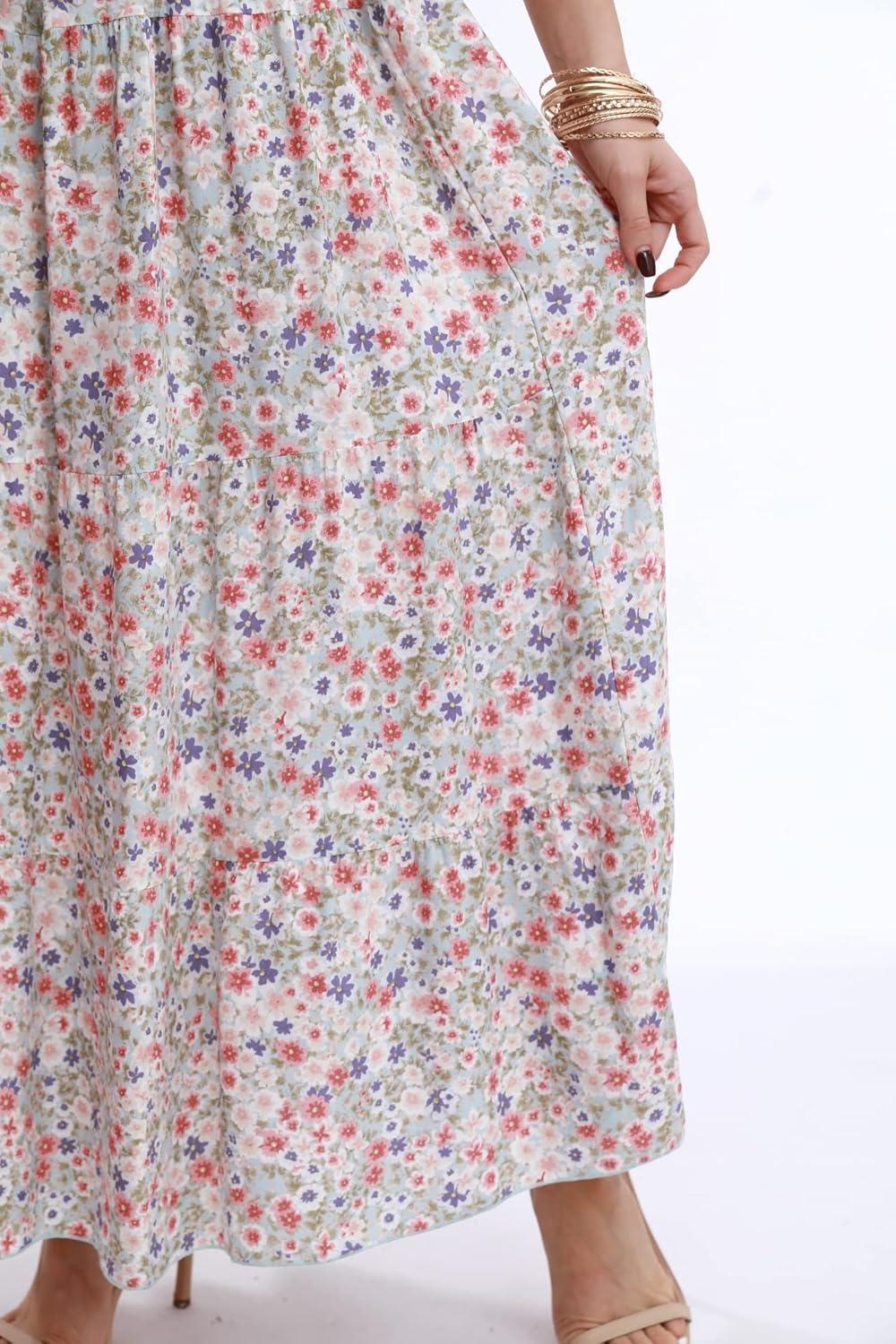 imageOSTOO Womens 2025 Summer Boho Floral Print Tiered Casual Flowy Long Maxi DressBlue Flower