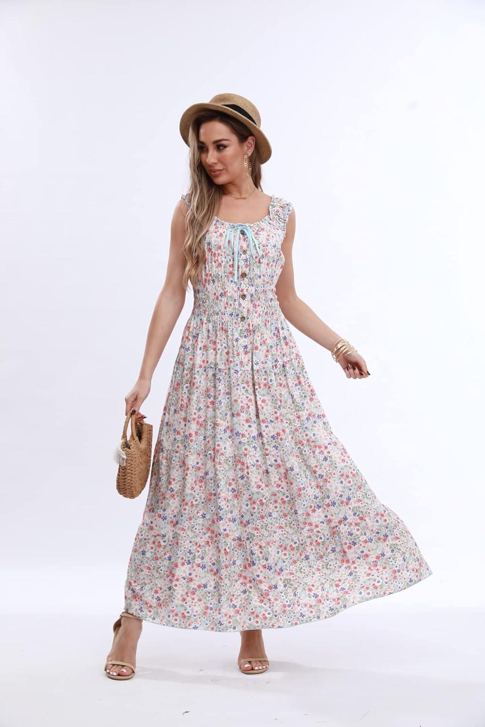 imageOSTOO Womens 2025 Summer Boho Floral Print Tiered Casual Flowy Long Maxi DressBlue Flower