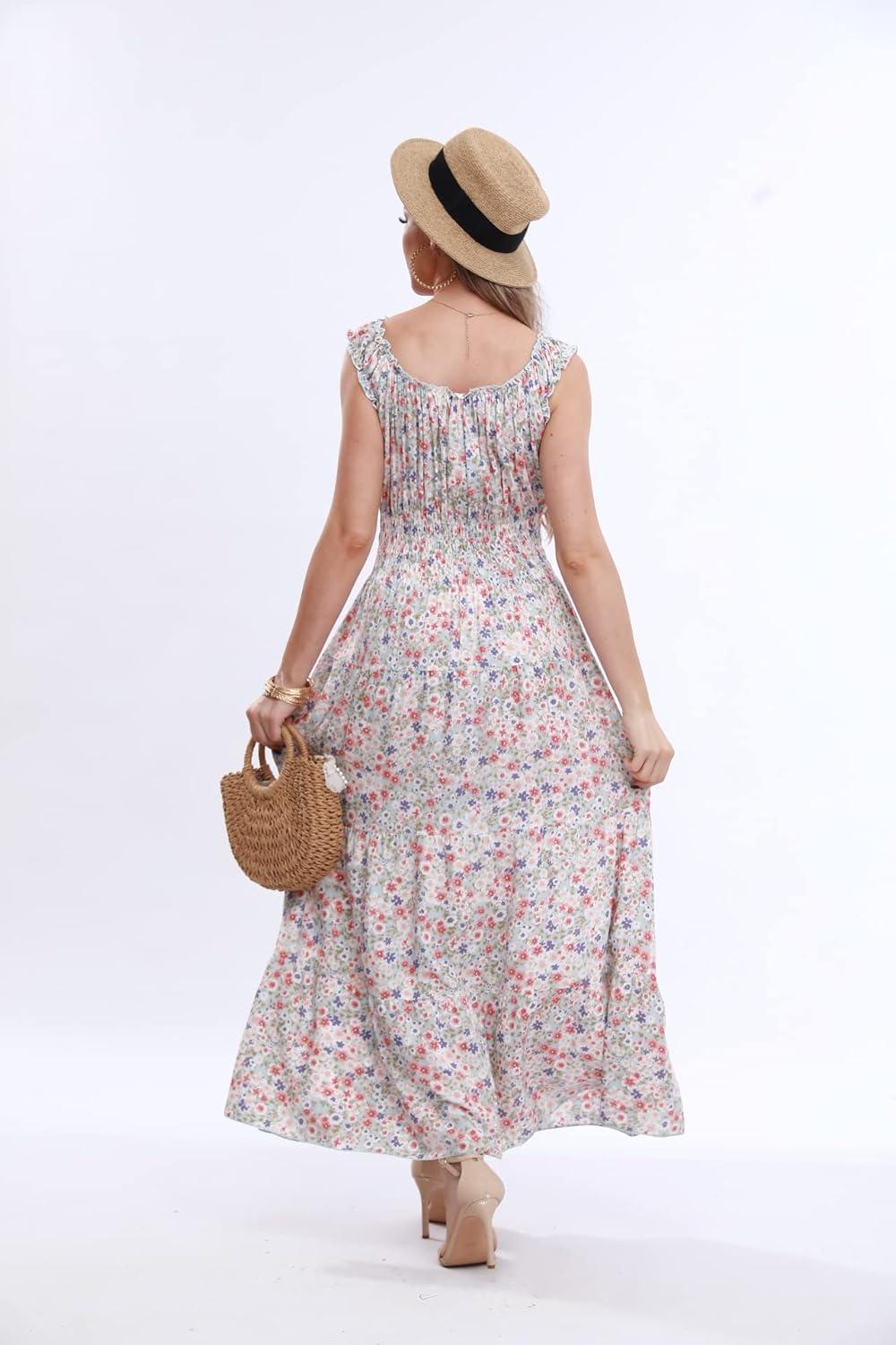 imageOSTOO Womens 2025 Summer Boho Floral Print Tiered Casual Flowy Long Maxi DressBlue Flower