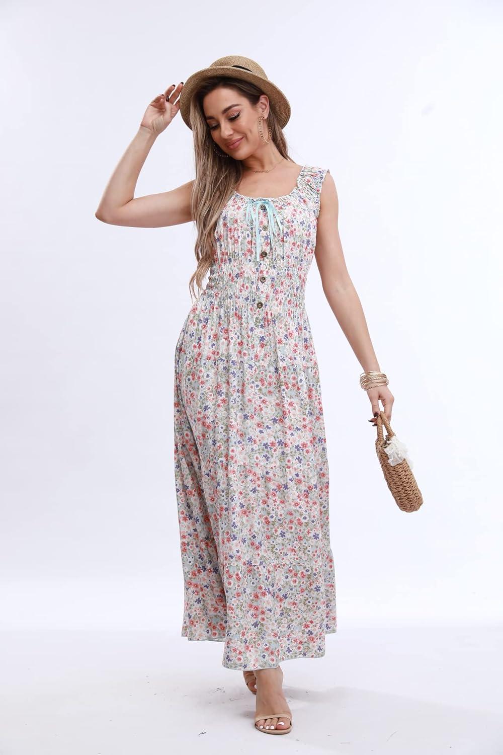 imageOSTOO Womens 2025 Summer Boho Floral Print Tiered Casual Flowy Long Maxi DressBlue Flower