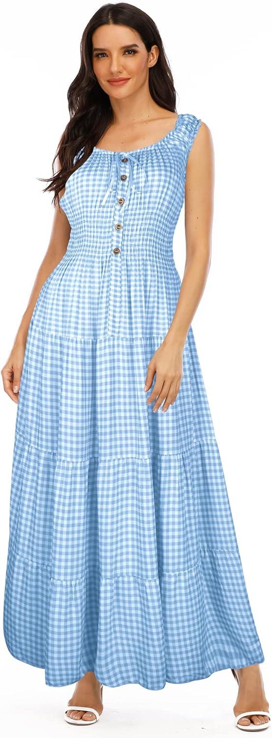 imageOSTOO Womens 2025 Summer Boho Floral Print Tiered Casual Flowy Long Maxi DressBlue Plaid