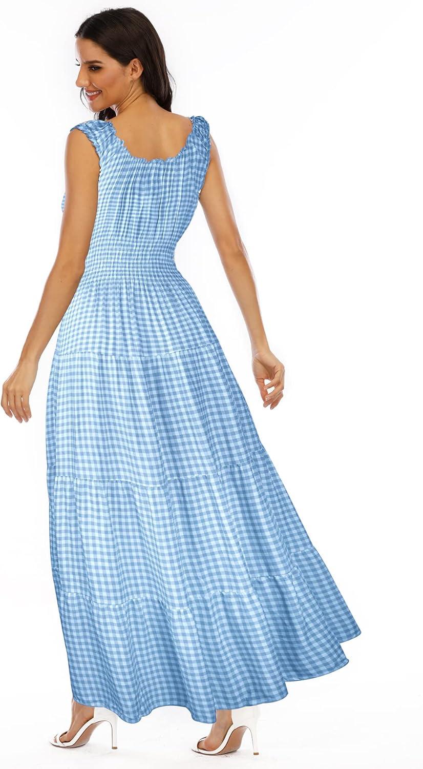 imageOSTOO Womens 2025 Summer Boho Floral Print Tiered Casual Flowy Long Maxi DressBlue Plaid