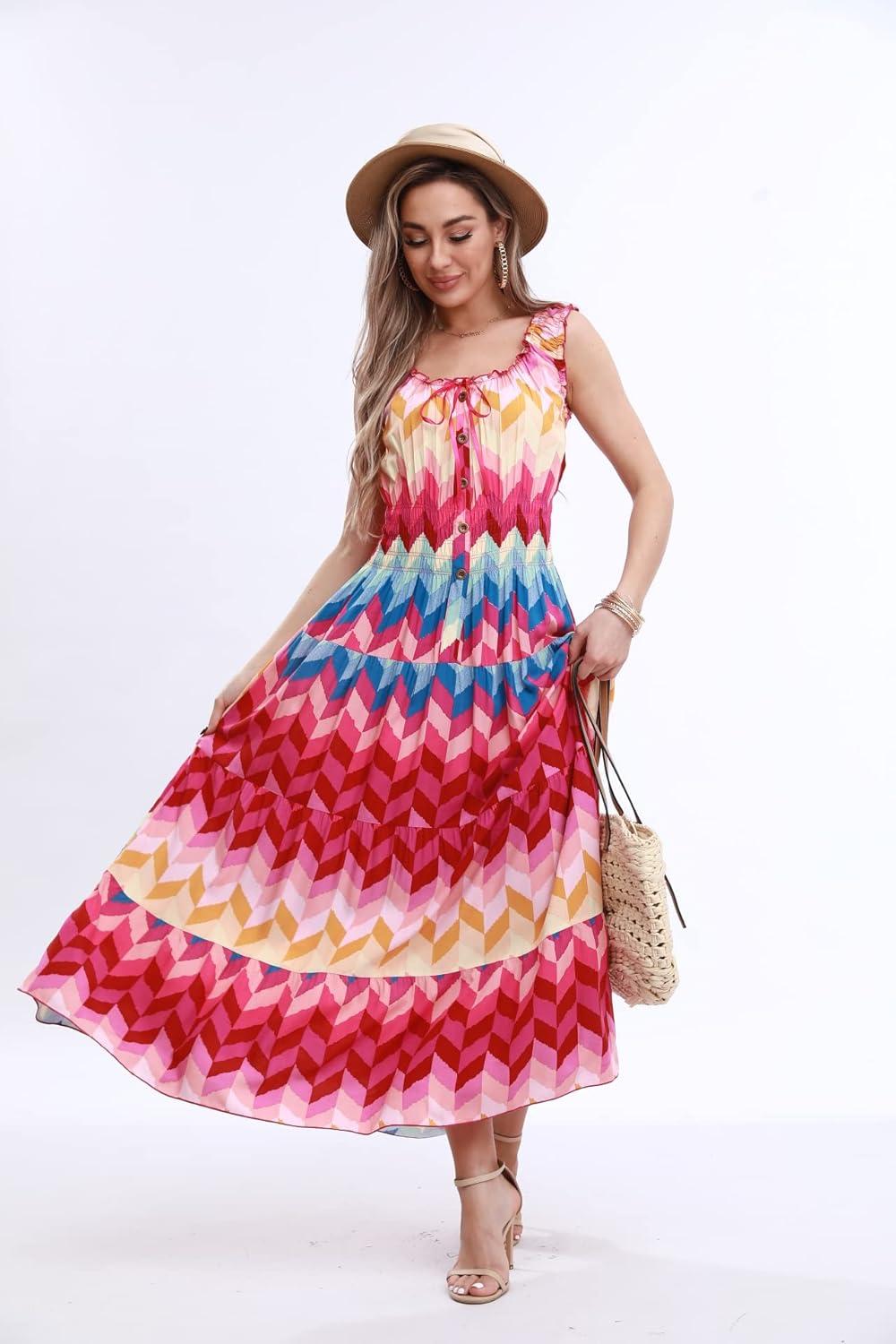 imageOSTOO Womens 2025 Summer Boho Floral Print Tiered Casual Flowy Long Maxi DressColor Striped