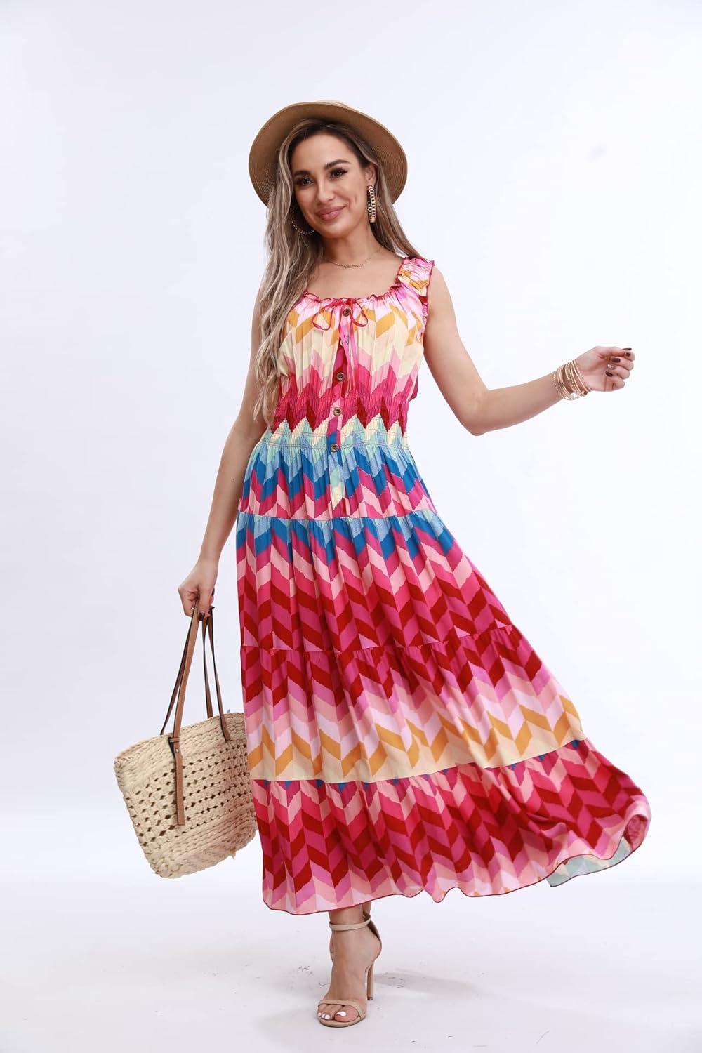 imageOSTOO Womens 2025 Summer Boho Floral Print Tiered Casual Flowy Long Maxi DressColor Striped