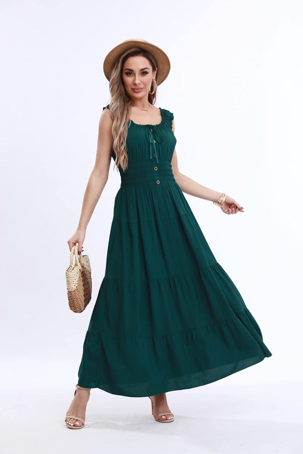imageOSTOO Womens 2025 Summer Boho Floral Print Tiered Casual Flowy Long Maxi DressDark Green