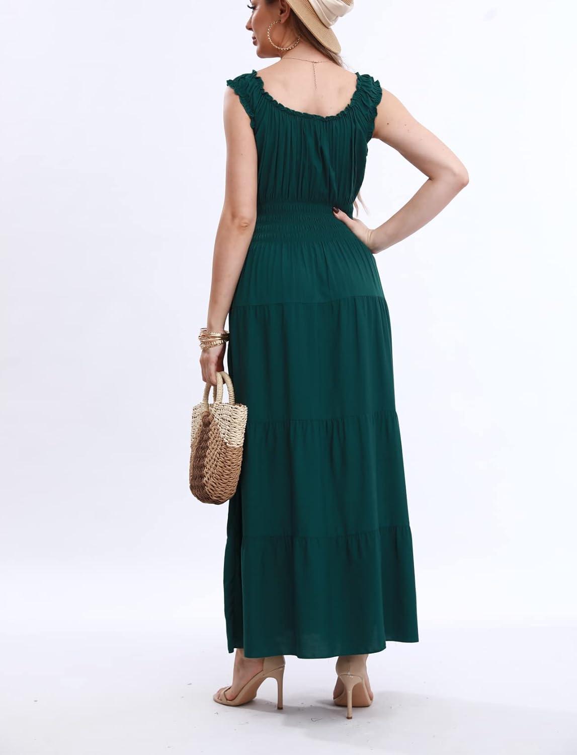imageOSTOO Womens 2025 Summer Boho Floral Print Tiered Casual Flowy Long Maxi DressDark Green