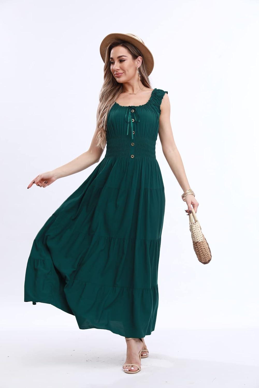 imageOSTOO Womens 2025 Summer Boho Floral Print Tiered Casual Flowy Long Maxi DressDark Green
