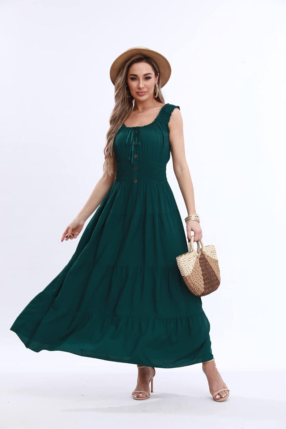 imageOSTOO Womens 2025 Summer Boho Floral Print Tiered Casual Flowy Long Maxi DressDark Green