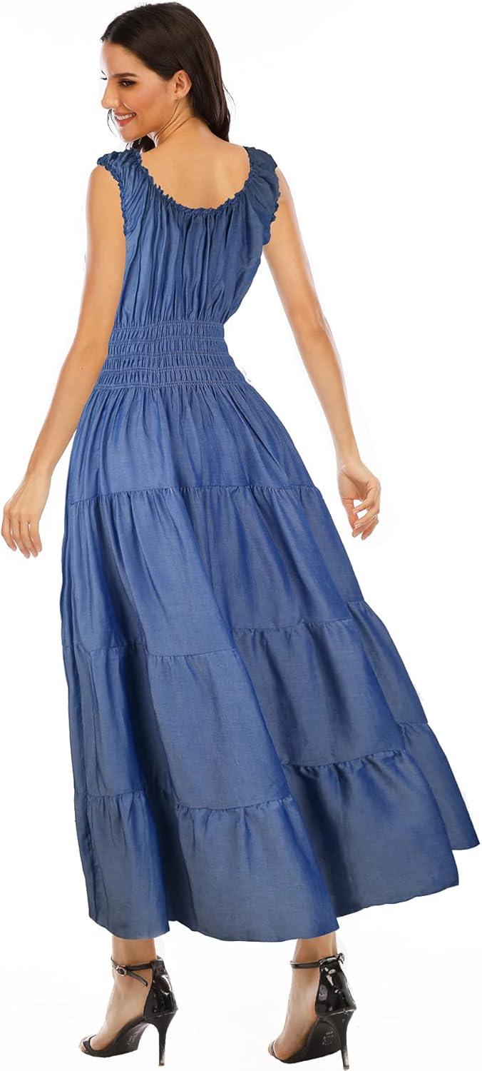 imageOSTOO Womens 2025 Summer Boho Floral Print Tiered Casual Flowy Long Maxi DressDeep Blue Denim