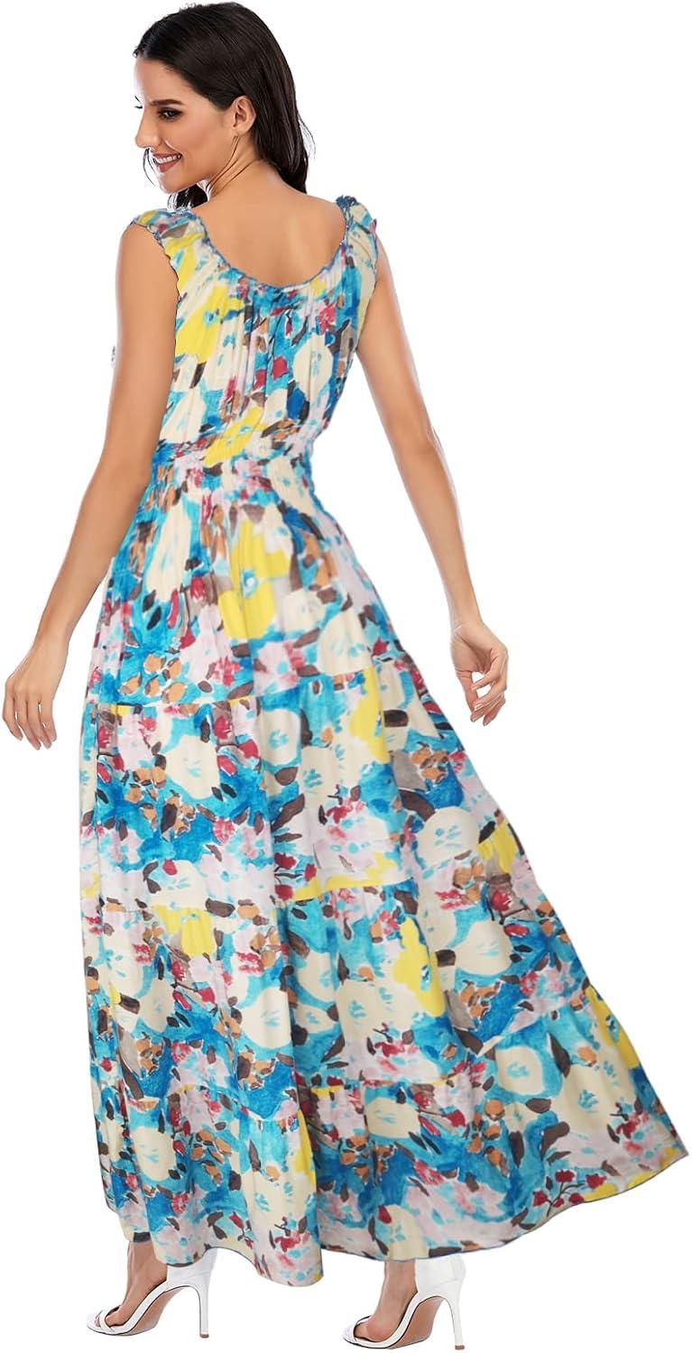 imageOSTOO Womens 2025 Summer Boho Floral Print Tiered Casual Flowy Long Maxi DressFloral Blue