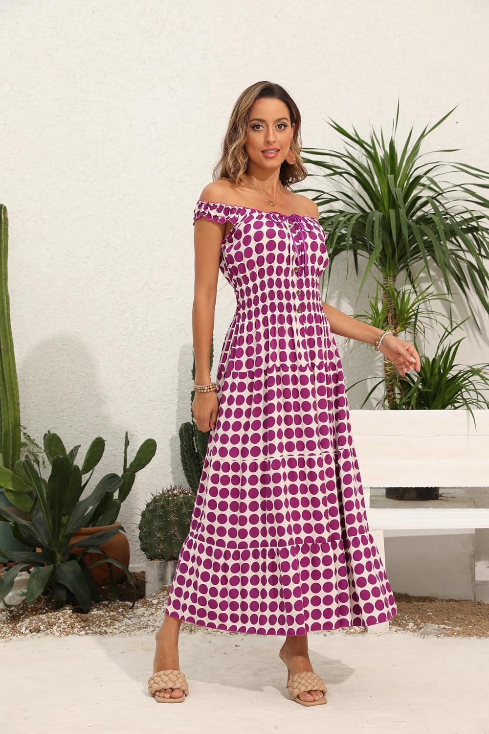 imageOSTOO Womens 2025 Summer Boho Floral Print Tiered Casual Flowy Long Maxi DressGrape Polka Dot