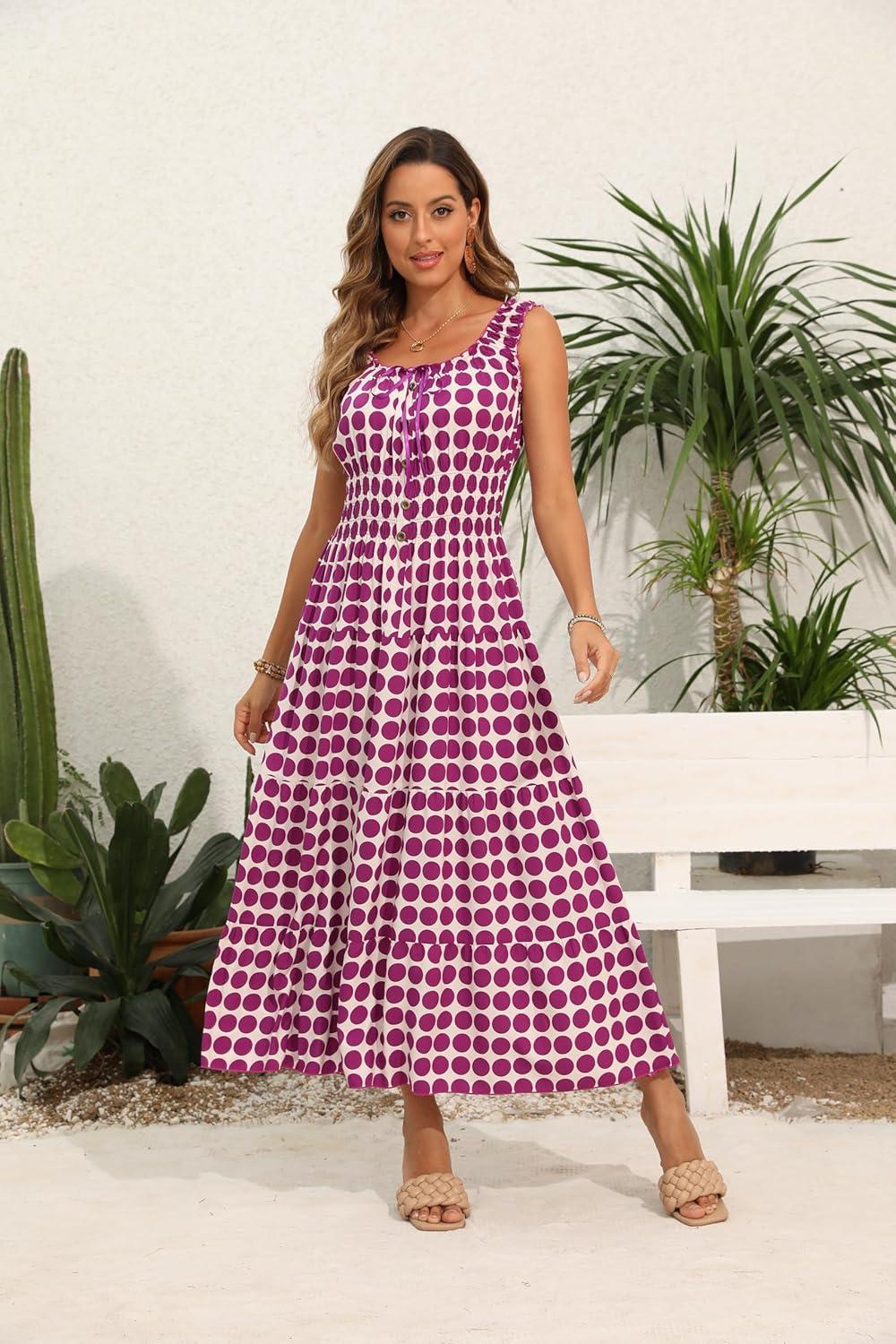 imageOSTOO Womens 2025 Summer Boho Floral Print Tiered Casual Flowy Long Maxi DressGrape Polka Dot
